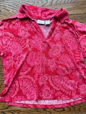 Rachel Zoe 100% Linen Red and Pink Floral Collared Blouse M / L * read